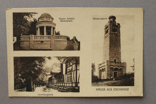 Ansichtskarte AK Gruss aus Eschwege 1910-1930 Gustav Schäfer Gedenkhalle Bismarckturm Leuchtberghalle Architektur Ortsansicht Hessen
